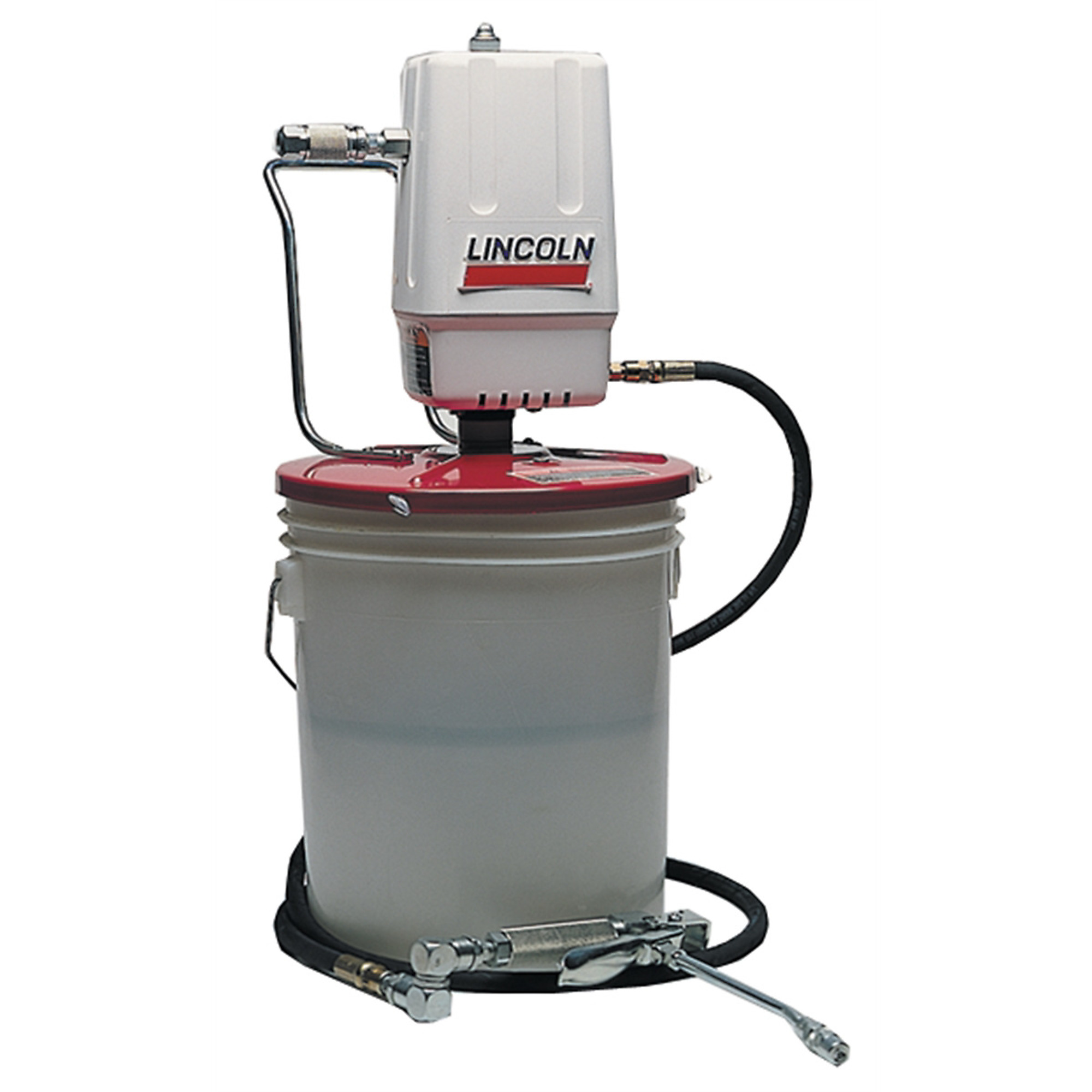 Lincoln Pneumatic Double Acting Grease Pump — For 25 to 50lb Drums, 50:1 Ratio, 7ft. High Pressure Hose, Control Valve, Universal Swivel and Coupler, Standard Follower, Steel Drum Cover, Carrying Handle, Model# 989